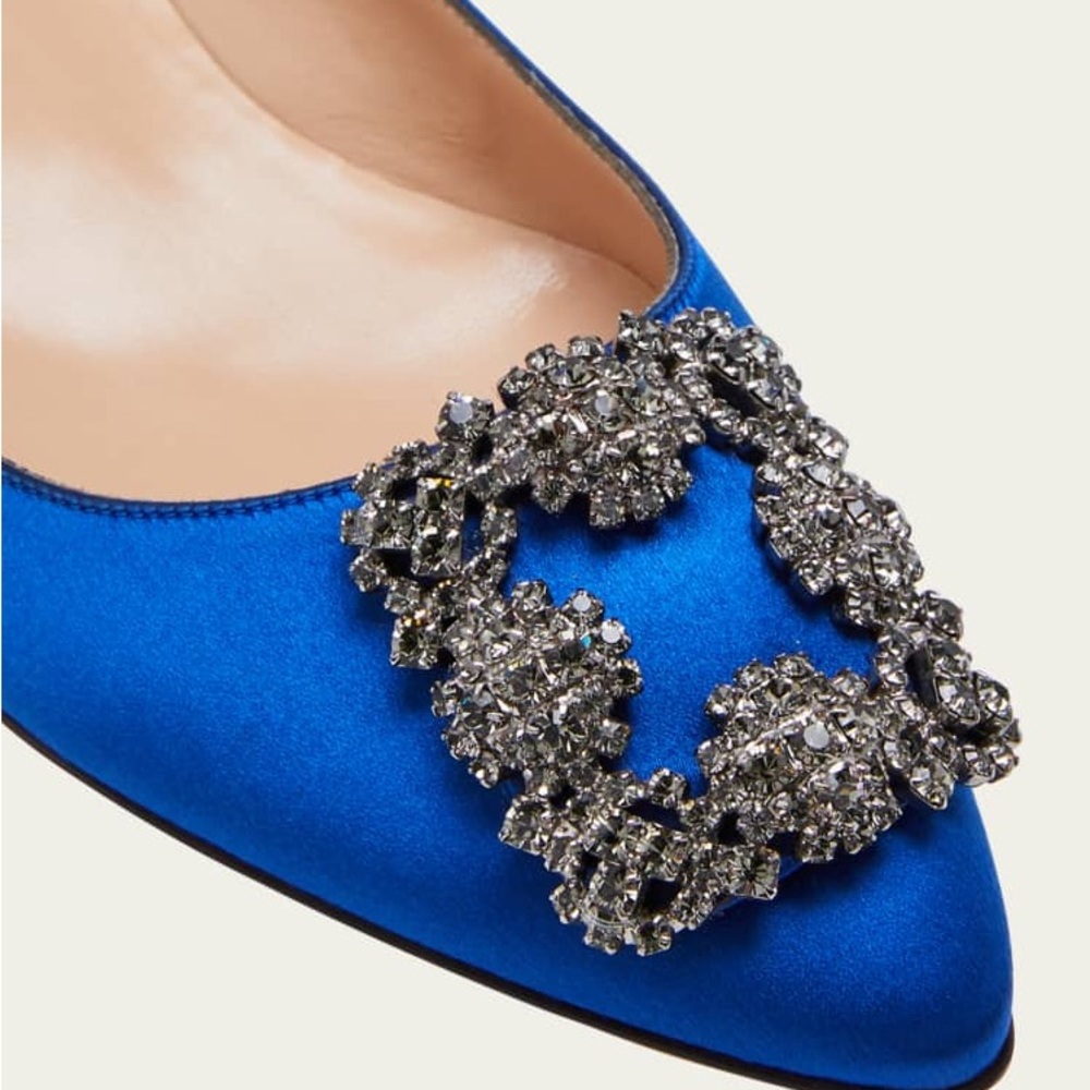 Manolo Blahnik Blue Satin Heels with Crystal Detail